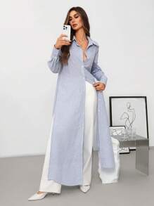 SHEIN Clasi Women's Autumn Versatile Shirt Collar Button-Down Loose Fit Vacation Style Casual Shirt,Pastel Dresses For Women - Blue and White - View 4