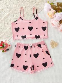 SHEIN Conjunto de pijama con camiseta de tirantes con gráfico de corazón y pantalones cortos para niñas preadolescentes