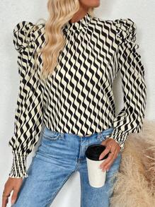 SHEIN Clasi Women's Rule Print Long Sleeve Ruched Shirt
