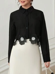 Chiquease Áo cánh tay ngắn thêu họa tiết hoa 3D viền gấu thời trang, áo dài tay - màu đen - Xem 4