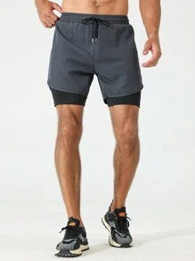 Manfinity Sport Corelite Manfinity Fitness 男友风格男士抽绳腰 2 合 1 运动弹力短裤，配有手机口袋 健身短裤 男友风格男士短裤 男友风格男士篮球短裤 洗手液 校园灰色短裤 - 深灰色 - 查看 3