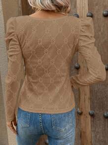 SHEIN Clasi Áo thun tay bồng thêu lỗ nhỏ - Màu Khaki - Xem 2