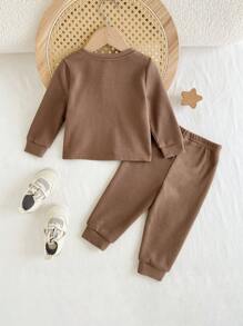 Cozy Pixies 2pcs Baby Boy Solid Color Knit Soft Crew Neck Long Sleeve Half-Open Pullover Top And Elasticated Waist Pants Set - Brown - View 2
