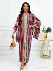 SHEIN Lady 四季连衣裙带袖女装复古波西米亚风优雅秋装秋季女装圣诞连衣裙工作低调休闲郊游海滩彩色编织V领蝙蝠袖新款长款秋装长款女装 - 彩色 - 查看 3