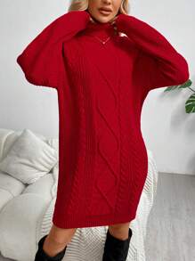 SHEIN LUNE Vestido de Navidad de manga larga con cuello alto, de parches unicolor casual, rojo chino para otoño/invierno - Rojo - Ver 5