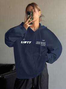 Dazy Star Women's Autumn/Winter Letter Print Long Sleeve Zip Up Hoodie Sweatshirt,Fall Women Clothes - Dusty Blue - View 3