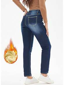Women's Warm Thermal Lined Skinny Denim Jeggings For Winter - Blue - View 5