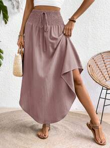 Breezaya Random Print Solid Color Asymmetric Hem Skirt