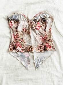 Soleia 女士夏季休闲彩色豹纹花卉印花短款前开衩冰丝抹胸度假装，秋季女装，可内穿或外穿，万圣节服装，不对称下摆上衣 - 彩色 - 查看 3