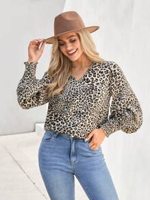 SHEIN LUNE Women's Casual Khaki Leopard Print Tie Front Loose Knit Shirt With Puff Sleeves - Multicolor - View 5