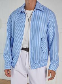 Manfinity Hypemode Chaqueta con cremallera de manga larga a rayas azules y blancas para hombre, para primavera/otoño