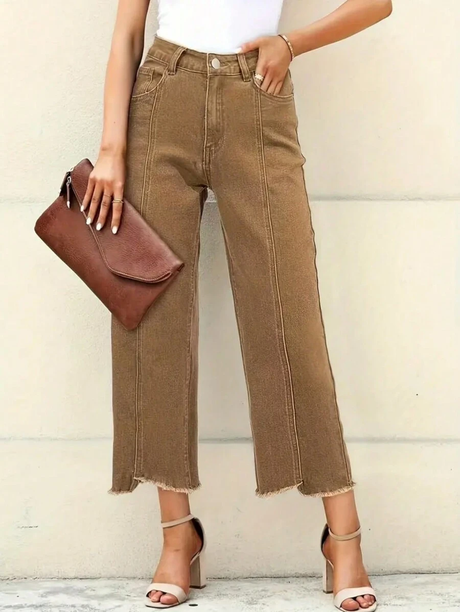 Women's Casual Distressed Raw Hem Straight Loose Wide Leg Brown Jeans