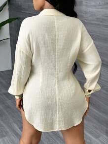 SHEIN SXY Sexy Women Outfits Elegant Leisure Fall Clothes Solid Color Front Button Asymmetric Hem Tie Casual Long Sleeve Blouse - White - View 2