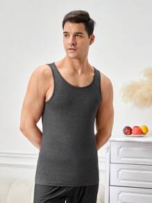Men Solid Color Crew Neck Undershirt, Sleeveless - Dark Grey - View 8