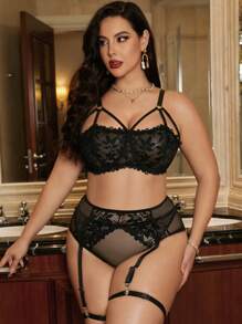 Seduluxe Talla grande Set de lencería con encaje floral con aro con liga - Negro - Ver 6