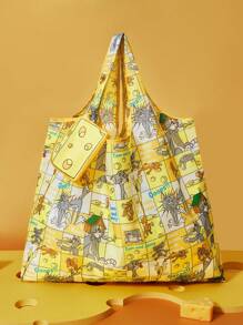 TOM & JERRY X SHEIN 1pc Full Printed RPET Foldable Reusable Shopping Bag, Fashionable Butter Yellow Bag For Women