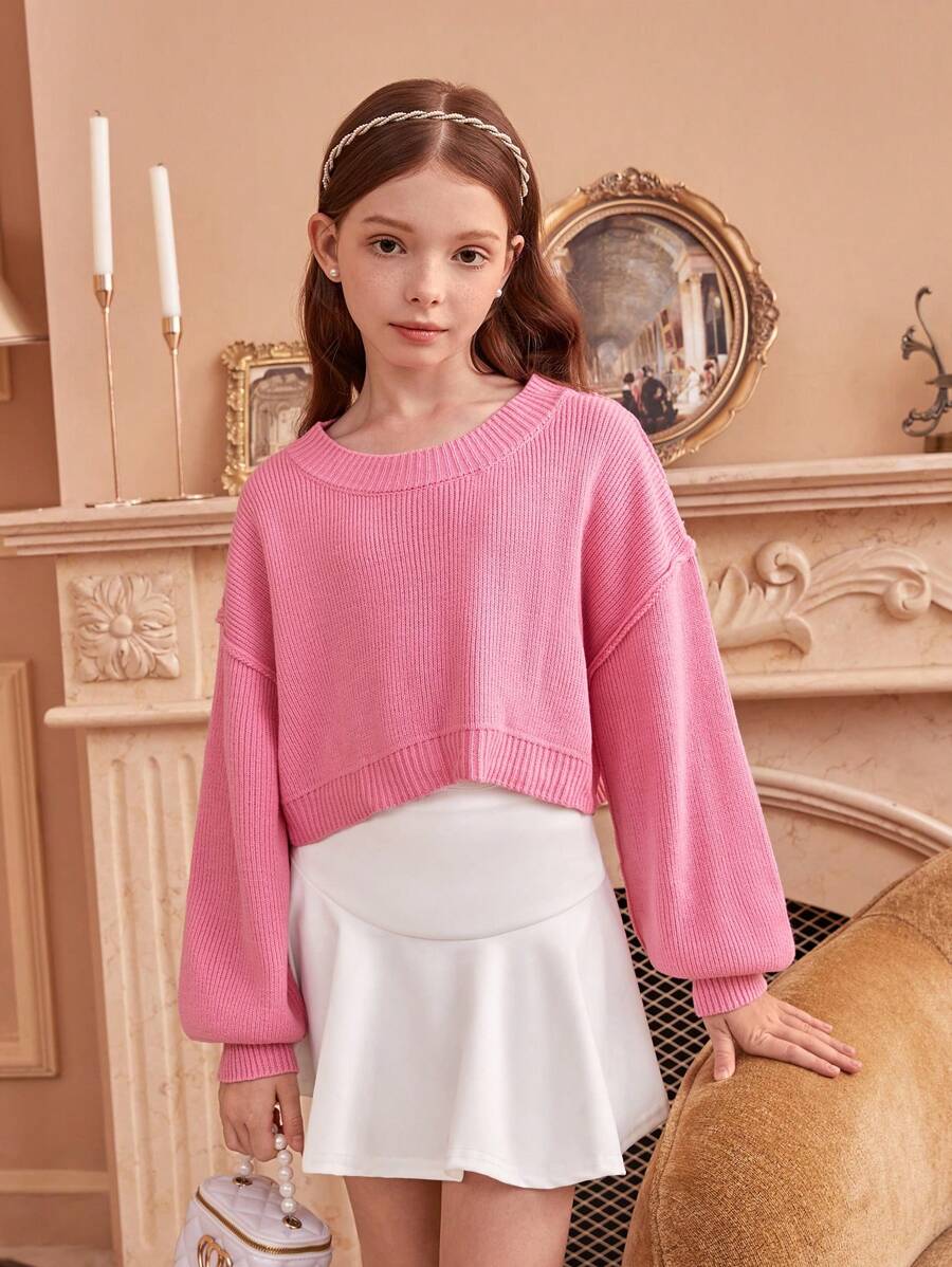 SHEIN Tween Girls' Solid Color Round Neck Drop Shoulder Long Sleeve Loose Knit Sweater, Suitable For Various Occasions Like Casual, Home, School, Gathering, Shopping, Christmas Party, Etc. - Hot Pink - View 1