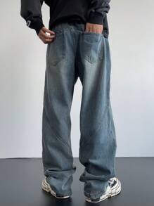 Manfinity EMRG Y2K Retro Streetwear Men's Faded Dark Blue Distressed Flare Leg Jeans With Unique Stitching Design