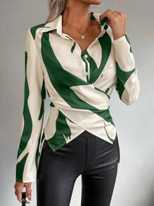SHEIN Clasi Women's Button Down Long Sleeve Random Floral Print Waist Tie Fashionable Blouse