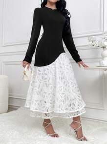 Modelyn Damen elegantes Farbkontrast-Spitzenkleid mit Patchwork, Frühling/Herbst