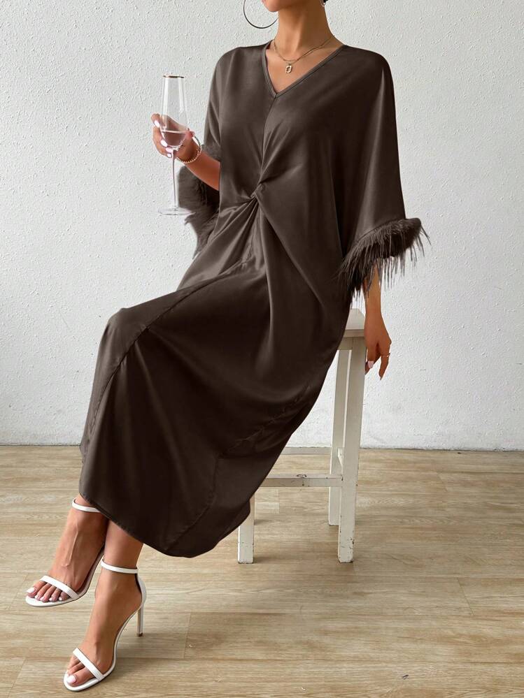 RosyDaze Vestido largo elegante para mujer con mangas de murciélago abultadas y parches, para primavera y otoño, outfit maximalista - Café integral - Ver 4