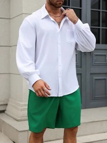 Manfinity Homme Bộ đồ thường ngày áo sơ mi dài tay rộng rãi màu trơn và quần short cỡ lớn cho nam - Nhiều màu - Xem 6