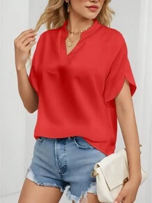 INAWLY Blusa de mujer de manga corta y cuello en V de unicolor, casual diario