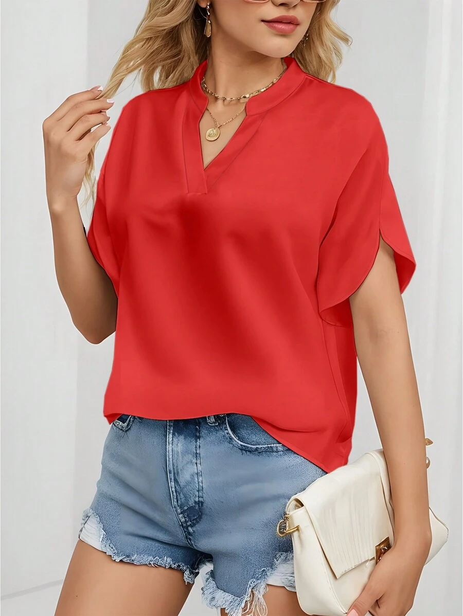 INAWLY Women's Solid Color V-Neck Short Sleeve Top, Daily Casual - Red - View 1