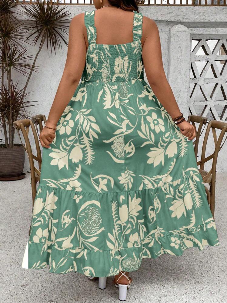 SHEIN Clasi Vestido maxi de mujer con estampado floral, volantes en el ruedo, tirantes finos ajustables y talle evasé para tallas grandes - Multicolor - Añade 2