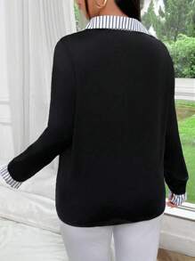 Celure 大码女式春夏拼布条纹长袖休闲宽松二合一衬衫 - 黑色 - 查看 2