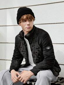 SHEIN Teen Boys Solid Color Casual Stitching Padded Coat - Black - View 3