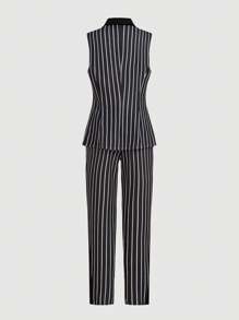 SHEIN Privé Set di blusa smanicata bicolore a righe e pantaloni con doppio petto per donna - Bianco e nero - Visualizzare 2