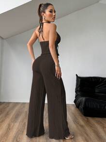 SHEIN Clasi Conjunto de camiseta de tirantes y pantalones anchos sueltos plisados con textura sexy para mujer, verano