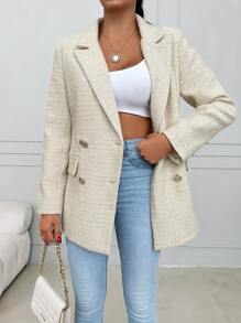 RueChic Lapel Neck Flap Detail Double Button Blazer - Beige - View 1