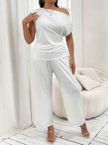Celure Conjunto de top y pantalón con pliegues y cuello asimétrico de talla grande