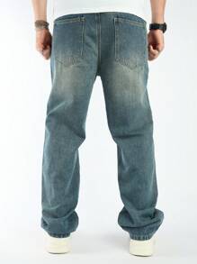 Manfinity Homme Men's Slogan Print Relaxed Fit Straight Leg Casual Baggy Jeans