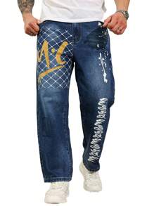 Manfinity Homme Plus Size Men's Letter Print Patch Pocket Straight Loose Casual Denim Jeans - Medium Wash - View 7