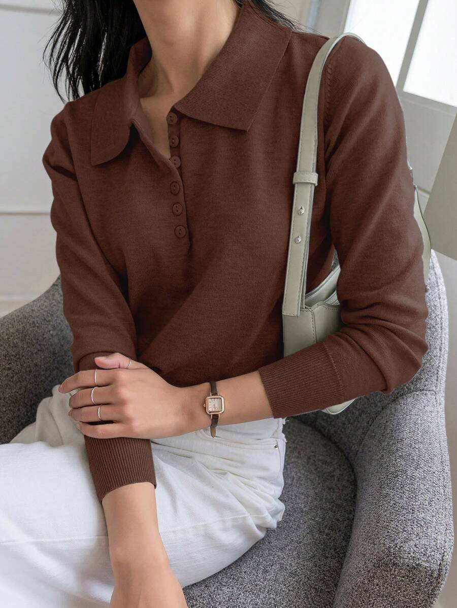 DAZY 纯色长袖毛衣,商务休闲,秋季女装 - 棕色 - 查看 1