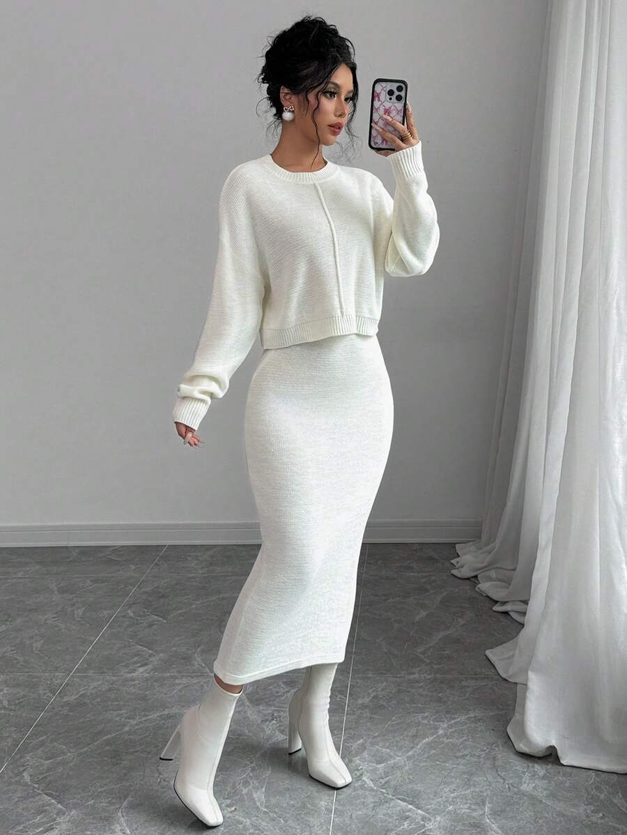 Elenzga 2 chiếc/bộ 2024 Áo len cổ tròn dài tay mới cho nữ và chân váy midi bó sát - Màu be - Xem 1