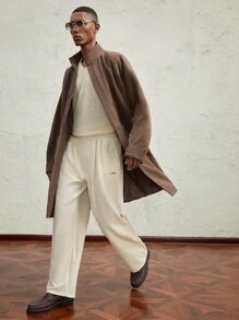 AKNOTIC Business Casual 男士宽松落肩实用开衩休闲立领长款风衣，棕色和咖啡色，适合秋冬 - 咖啡棕 - 查看 3