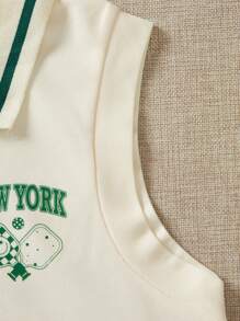 青少年女孩字母印花前扣无袖上衣和短裤休闲夏季服装，2 件套，度假，夏季，旅行 - 杏色 - 查看 6