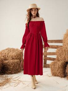 SHEIN MOD فستان نسائي أنيق ذو لون واحد عاري الكتف ومزود بربطة خصر وأكمام متسعة، مناسب للعطلات