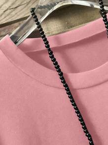 Linhara Plus Size Women Summer Solid Color Crew Neck Short Sleeve Button Decor Asymmetric Hem Casual T-Shirt - Pink - View 4