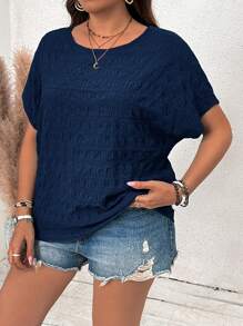 SHEIN VCAY Plus Size Textured Bat Wing Short Sleeve Round Neck Shirt
