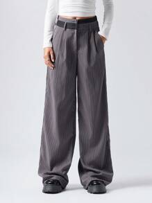 LYSMO Women Patchwork Waistline Suit Pants - Dark Grey - View 1