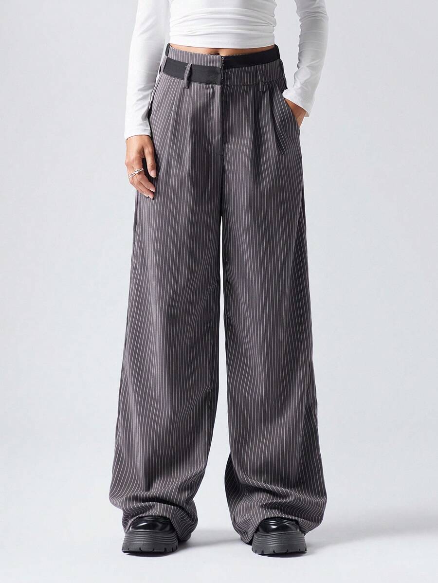 LYSMO Women Patchwork Waistline Suit Pants - Dark Grey - View 1