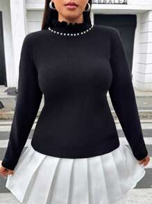 Flirla Plus Size Casual Faux Pearls Decor Stand Collar Sweater For Spring & Fall Knit Pullover Fall Winter - Black and White - View 5
