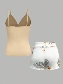 Chiquease Bộ 2 áo hai dây đơn giản màu trơn và quần short in họa tiết cho nữ, thường ngày - Màu be - Xem 2