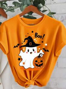 SHEIN Essnce Plus Size Women Casual Minimalist Halloween Ghost Print Round Neck Short Sleeve Fitted T-Shirt, Summer & Fall Clothes - Orange - View 1