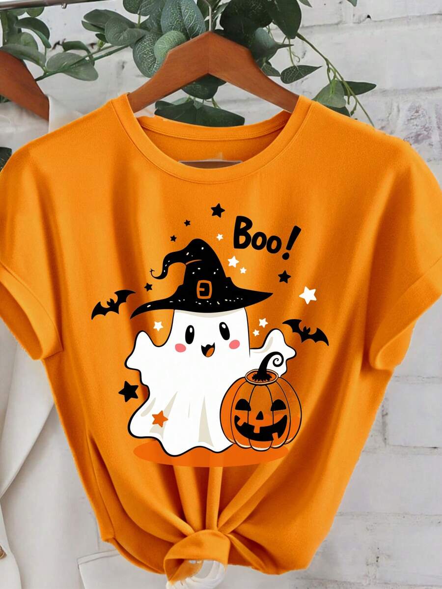 SHEIN Essnce Plus Size Women Casual Minimalist Halloween Ghost Print Round Neck Short Sleeve Fitted T-Shirt, Summer & Fall Clothes - Orange - View 1